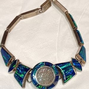 Vintage Silver Native American Mexico Blue Fire Opal Bracelet